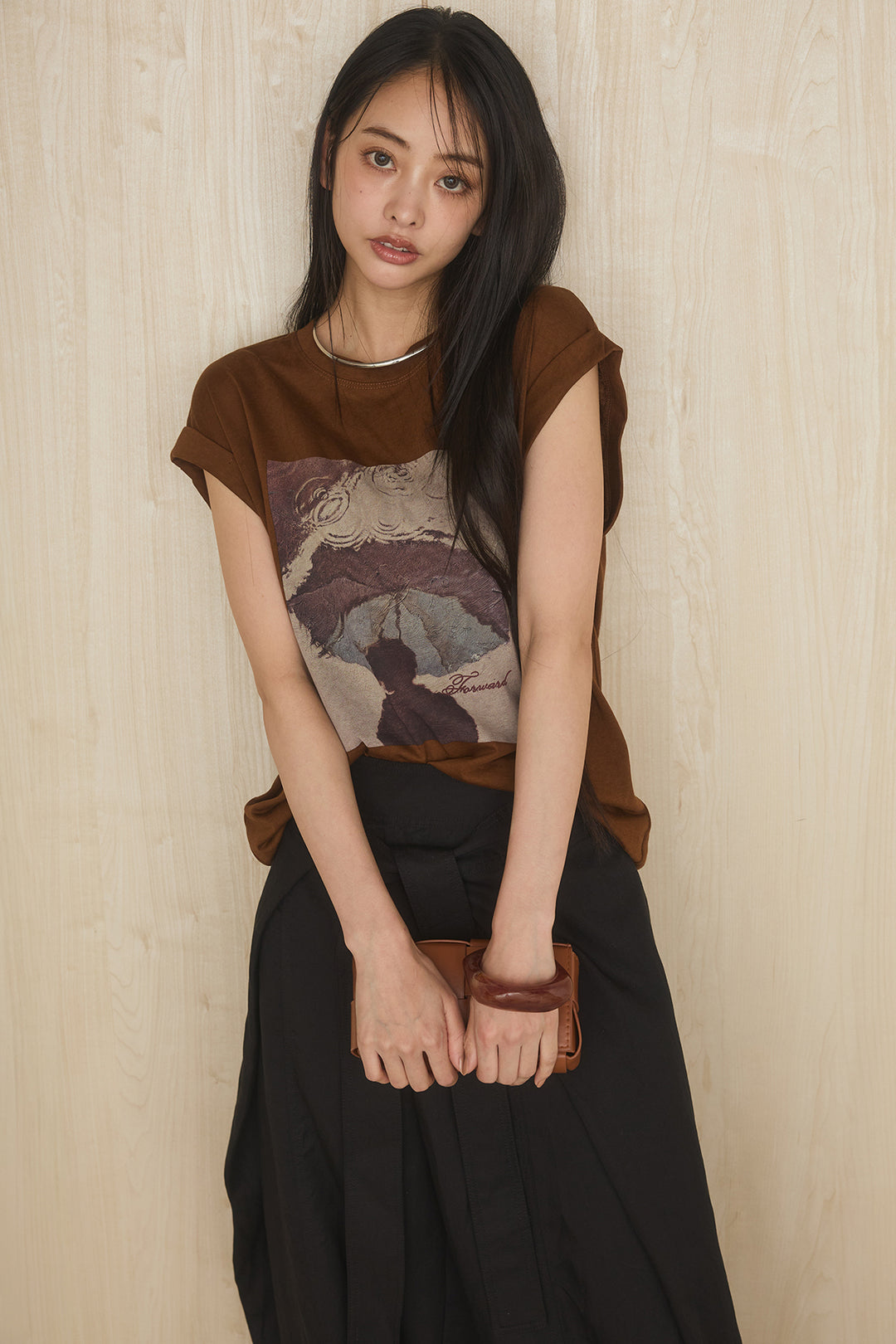 [SET]スクエアニュアンス柄Tシャツ+前結びタックワイドパンツ(2set)
