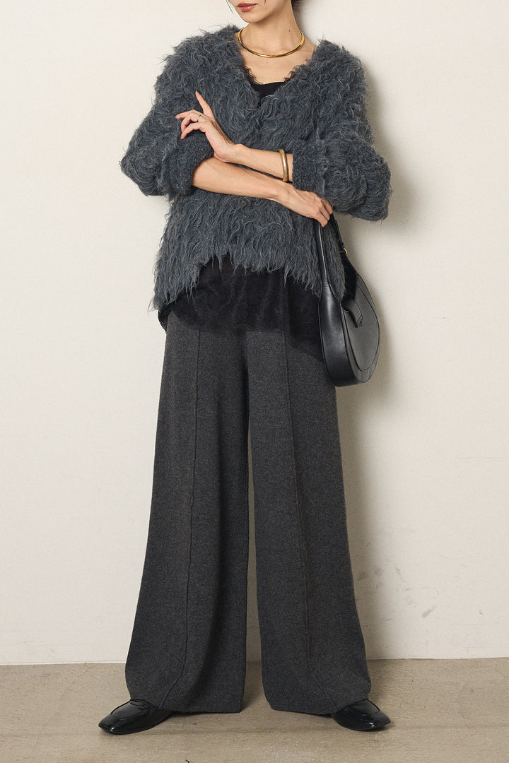 [SET]起毛シャギーニットカーディガン+センターラインニットパンツ+レース切り替えキャミソール(3set)