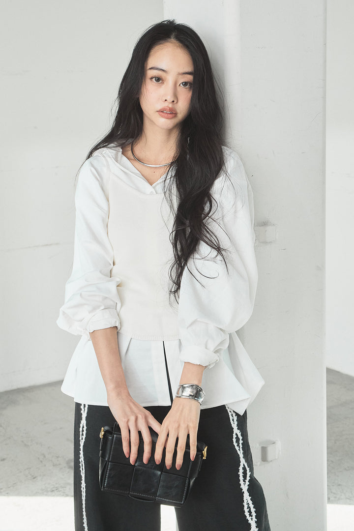 [SET]ニットキャミ付きシャツ+刺繡テープラインパンツ(2set)