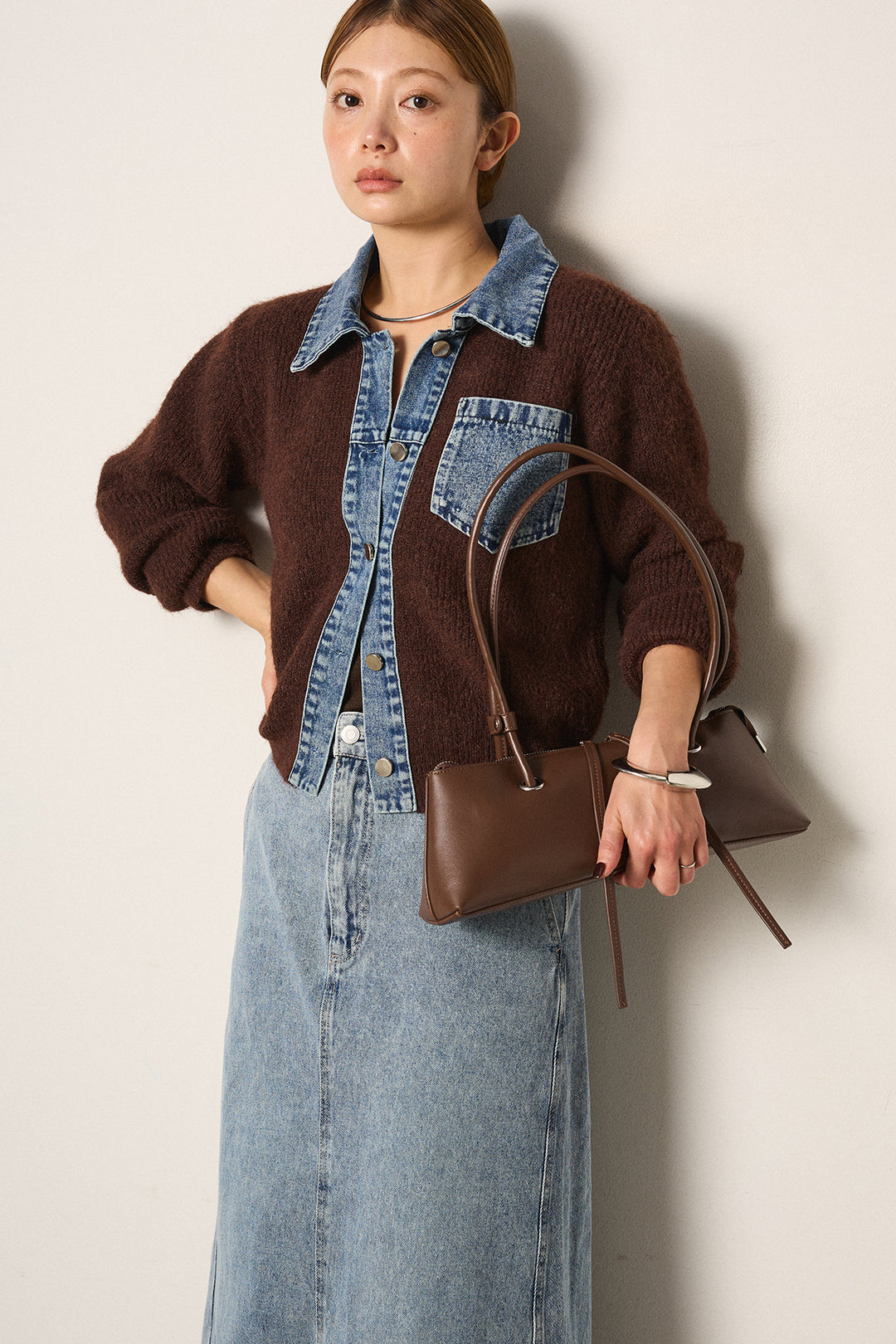 [SET]襟付きデニム切替ニットカーディガン+デニムロングフレアスカート(2set)