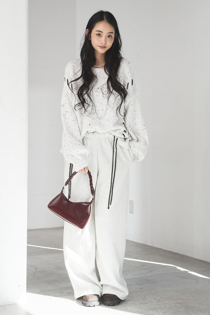 [SET]ネップ編み上げニットトップス+裏起毛スウェットワイドパンツ(2set)