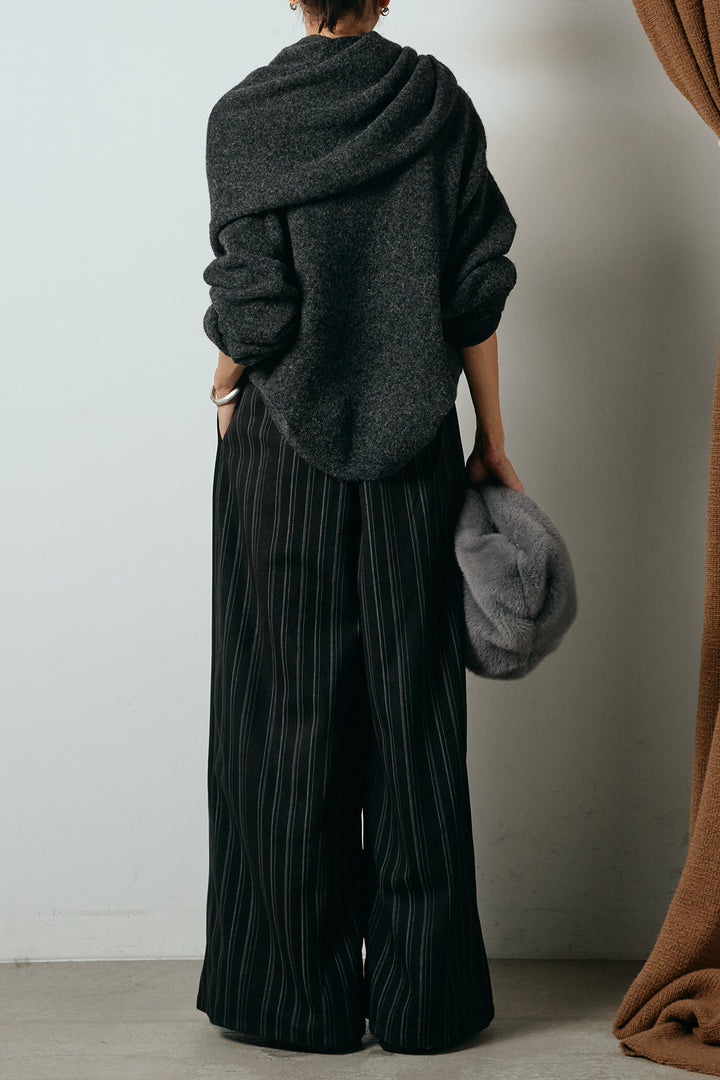 [SET]ネック巻きデザインニットトップス+タック入りマルチストライプ柄ワイドパンツ(2set)