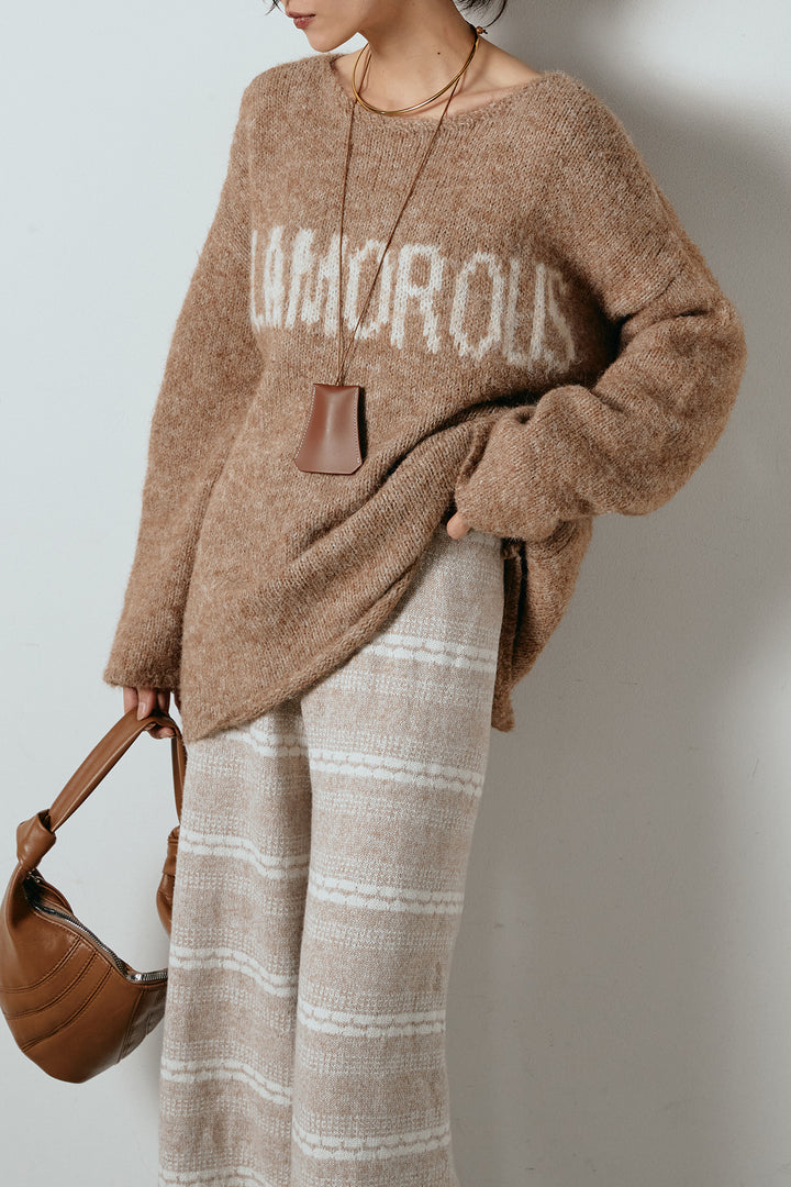 [SET]フロントロゴデザインニットトップス+マルチライン柄リラックスニットパンツ(2set)