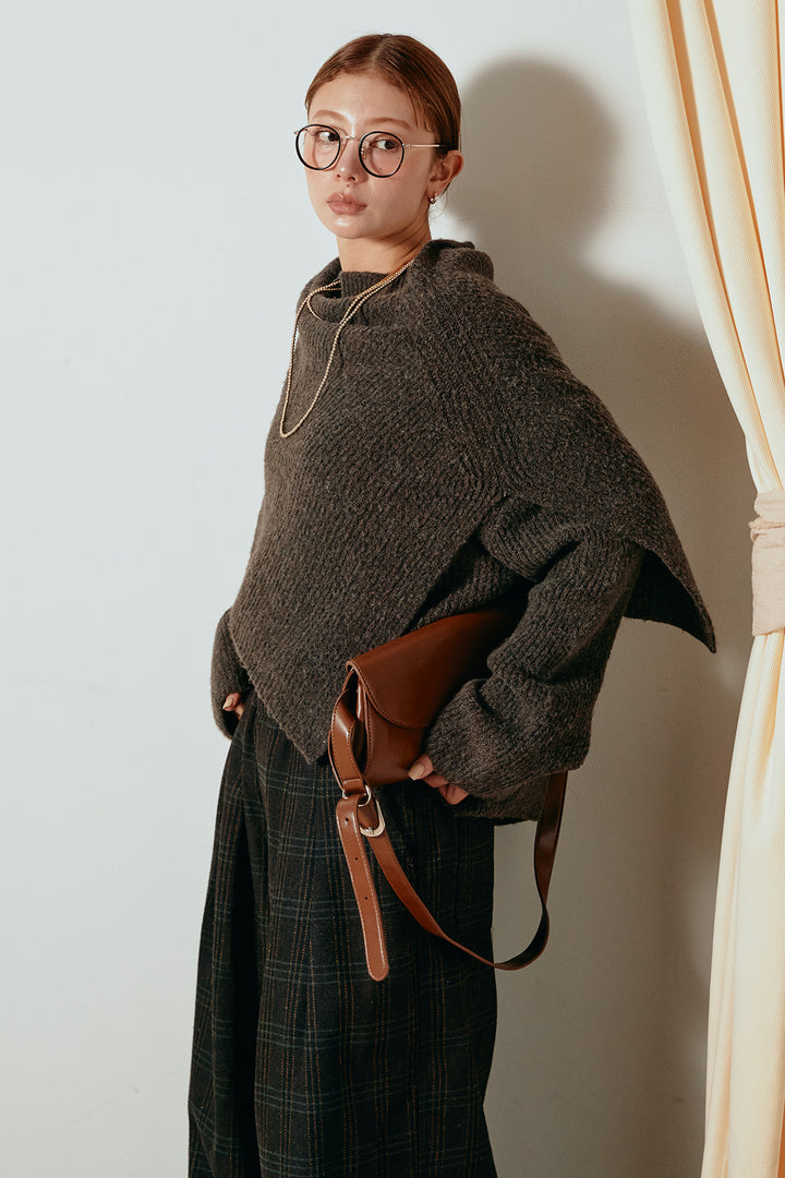 [SET]ケープデザインリブニットトップス+タータンチェック柄タックパンツ(2set)