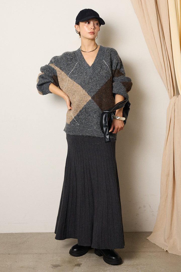【着回しセット】[SET]ルーズアーガイルVネックニット+ルーズアーガイルVネックニット+編み地切り替えフレアニットスカート(3set)