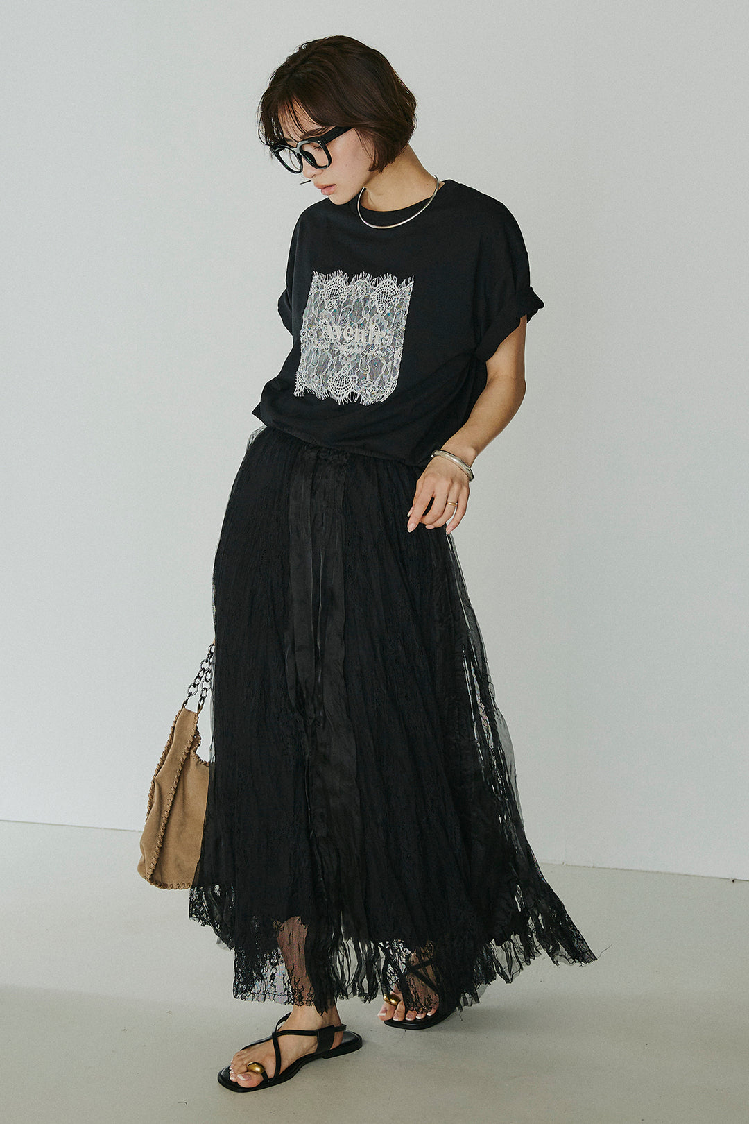 [SET]レースロゴ刺繍Tシャツ+レースコンビワッシャーギャザースカート(2set)