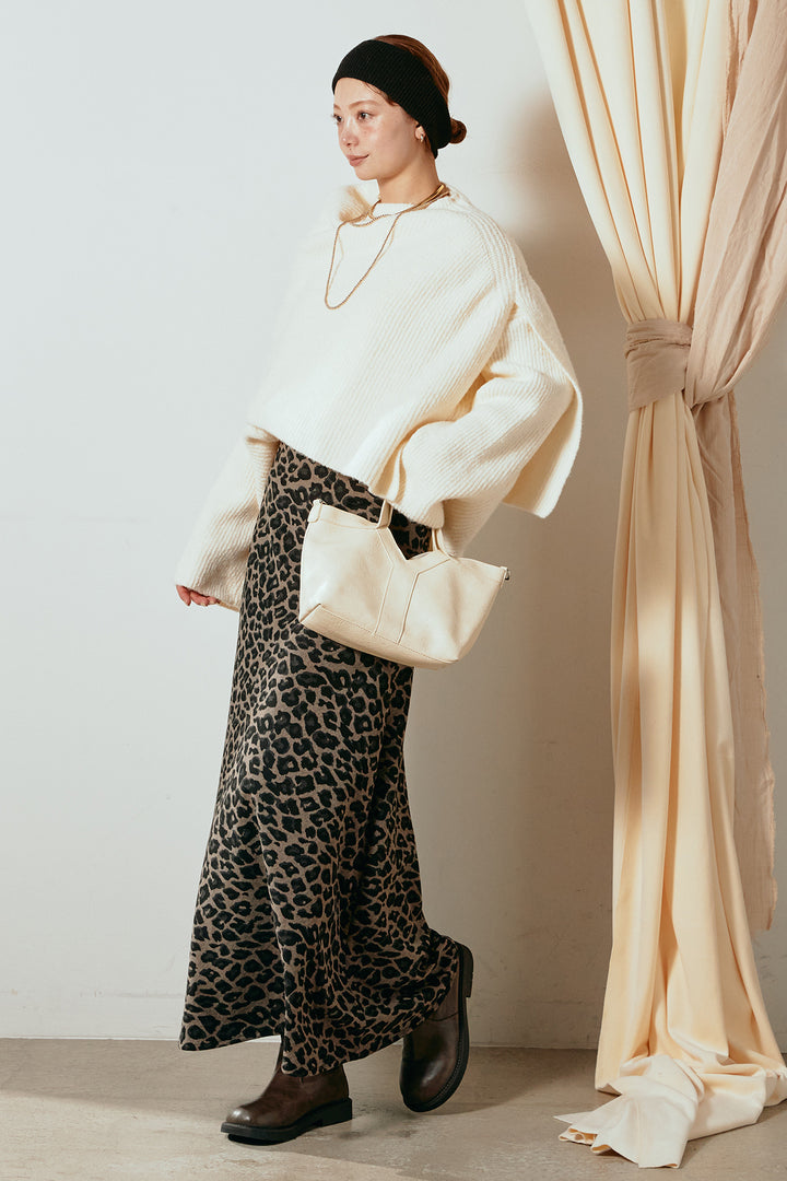 [SET]ケープデザインリブニットトップス+レオパードロングスカート(2set)