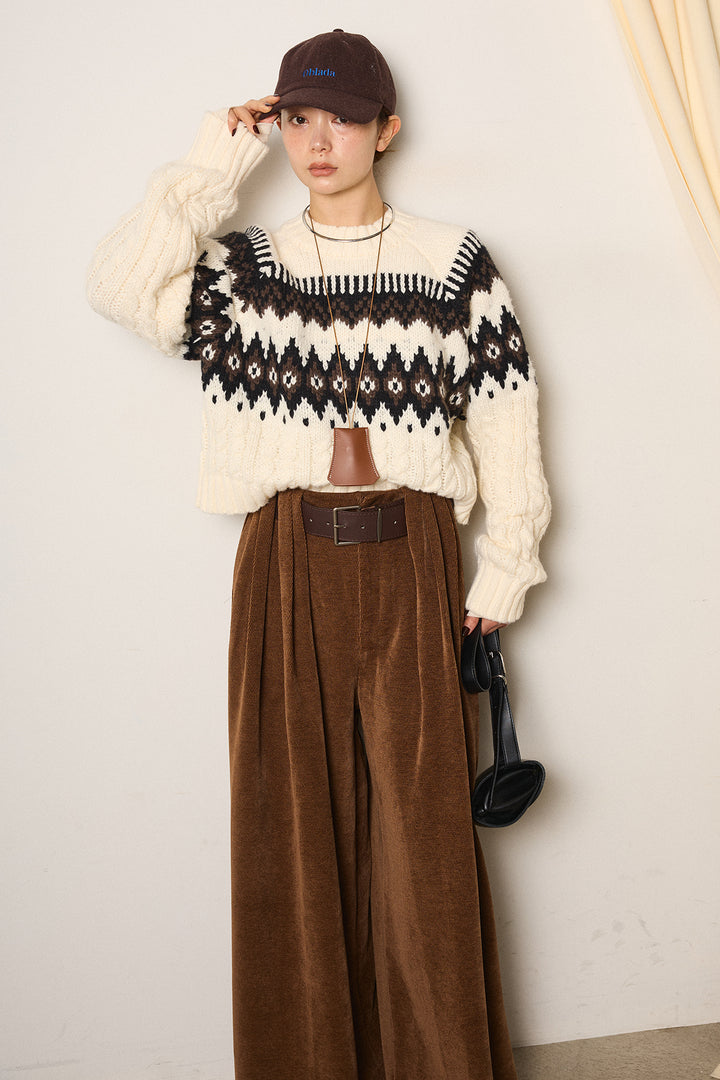 [SET]2WAY求心柄ジャガードショートカーディガン+ベルトループコーデュロイワイドパンツ(2set)