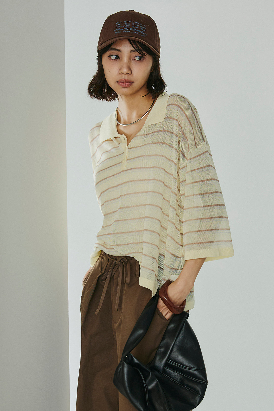 [SET]ボーダーニットポロシャツ+ニーサイドタックウエストドロスパンツ(2set)