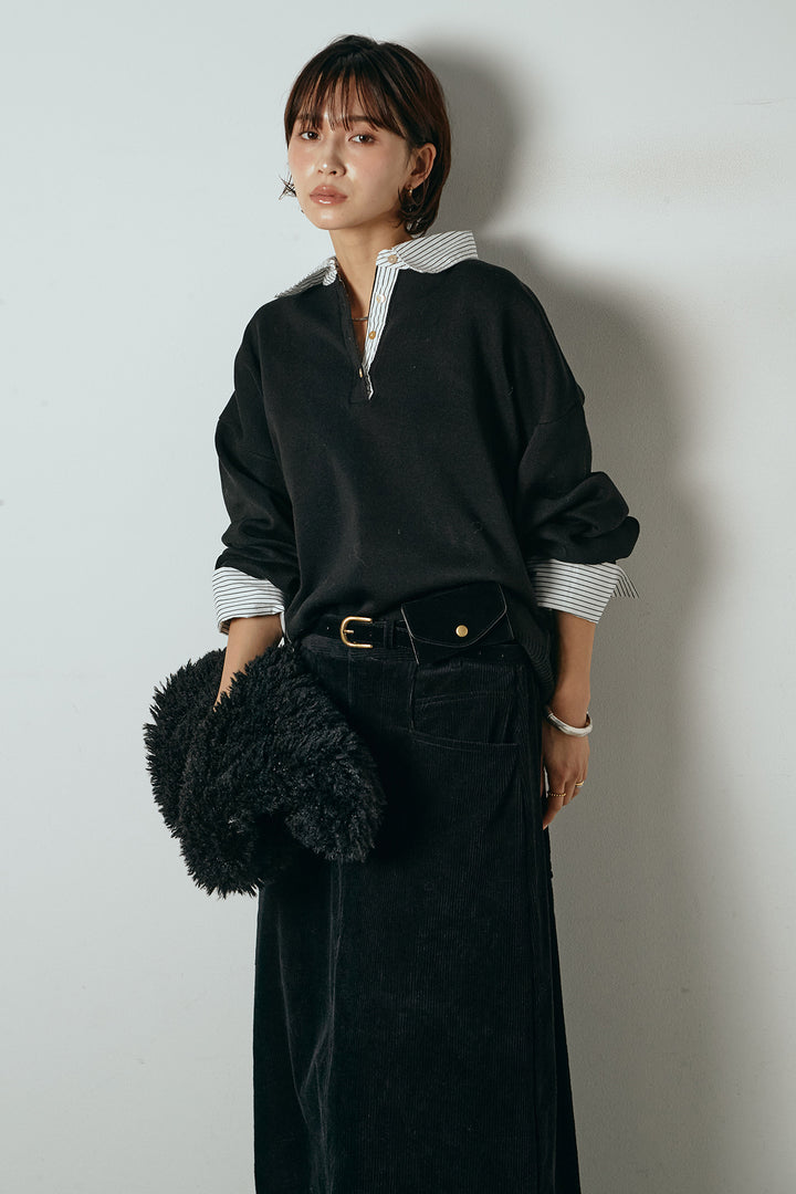 [SET]ストライプシャツドッキングポロトップス+ポーチベルト付きコーデュロイワイドスカート(2set)