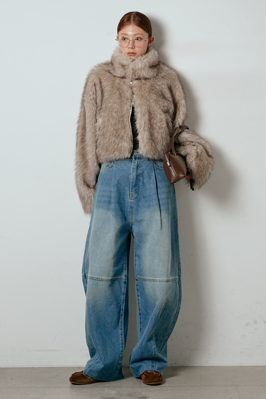 [SET]エコファーショート丈ブルゾン+加工デニムタックコクーンワイドパンツ(2set)