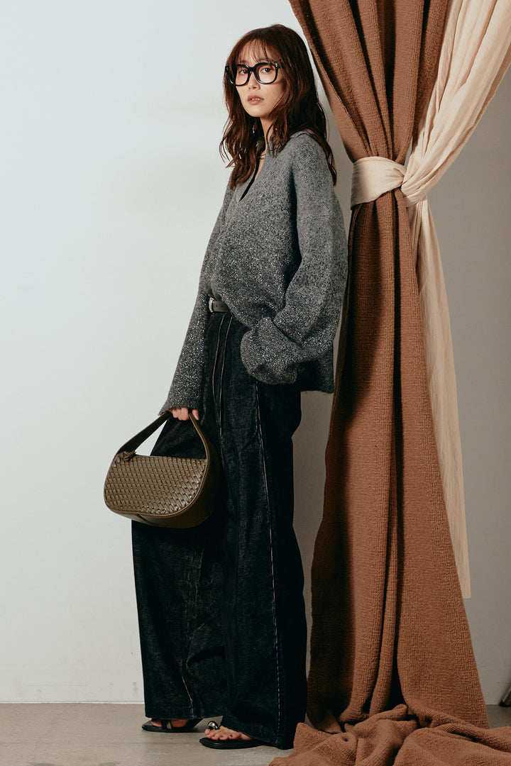 [SET]グラデーションラメニットキーネックプルオーバー+フロントタック入りコーデュロイパンツ(2set)