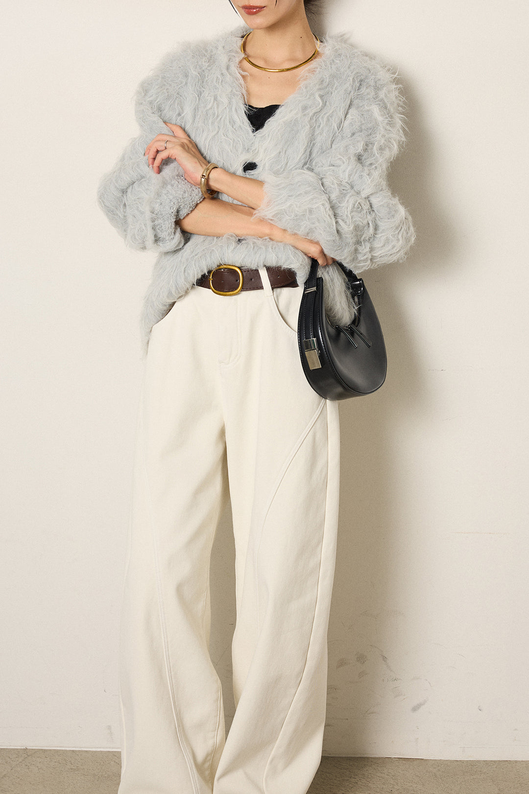 [SET]起毛シャギーニットカーディガン+ベルト付きカジュアルカーブワイドパンツ(2set)