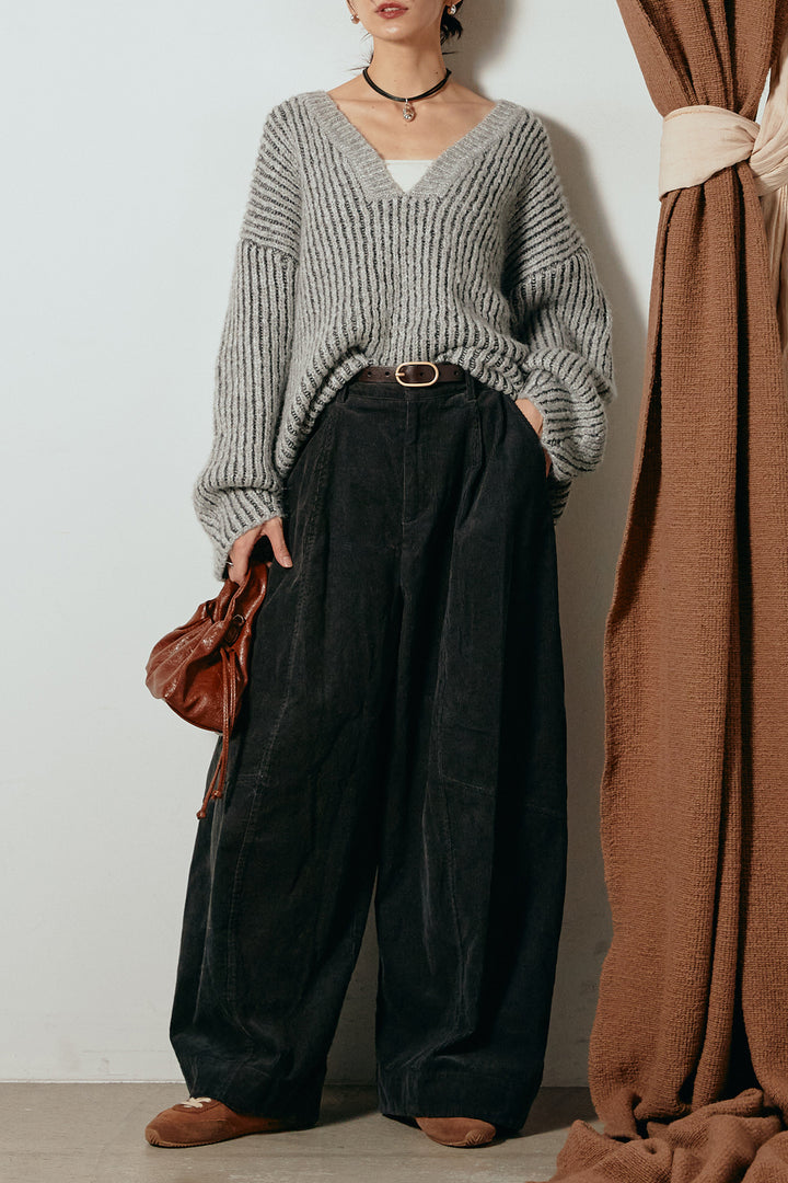 [SET]アルパカタッチ深Vニットトップス+タック入りコーデュロイワイドパンツ(2set)