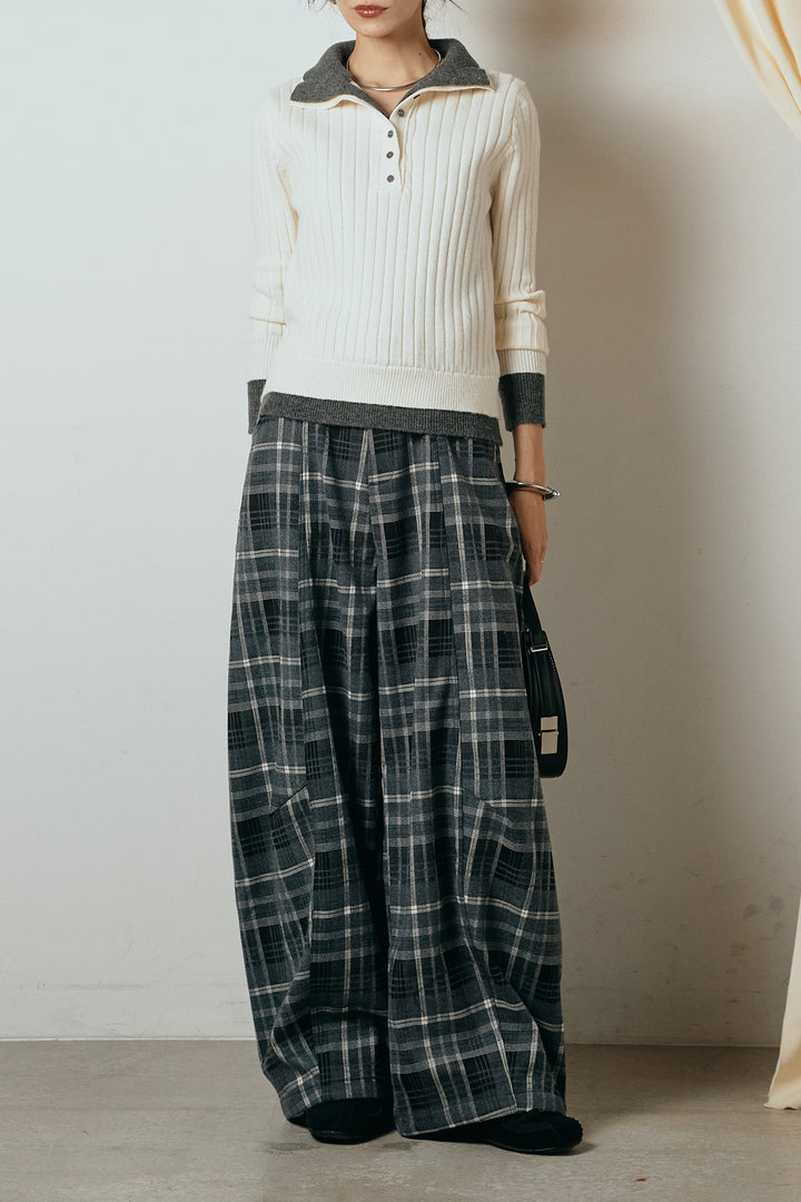 [SET]レイヤード風リブニットトップス+ベルト付きタータンチェックカーブワイドパンツ(2set)