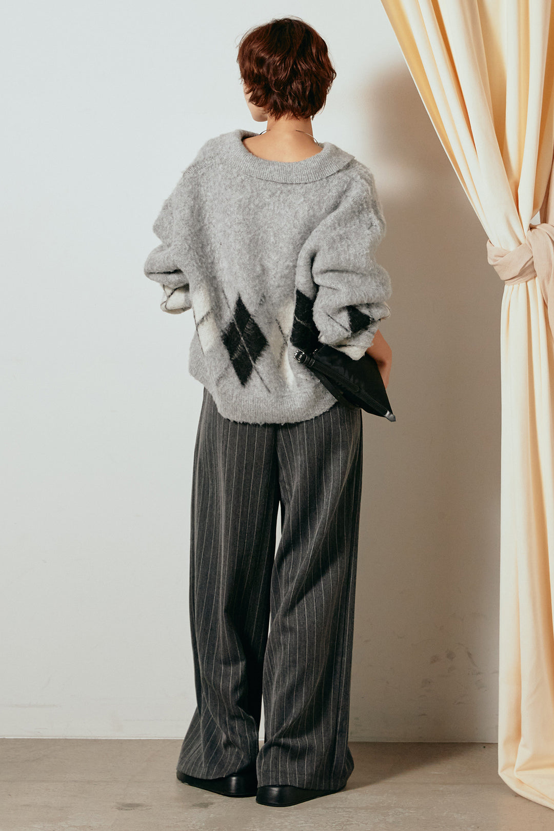 [SET]アーガイル柄ポロニットトップス+ストライプヘリンボーンパンツ(2set)