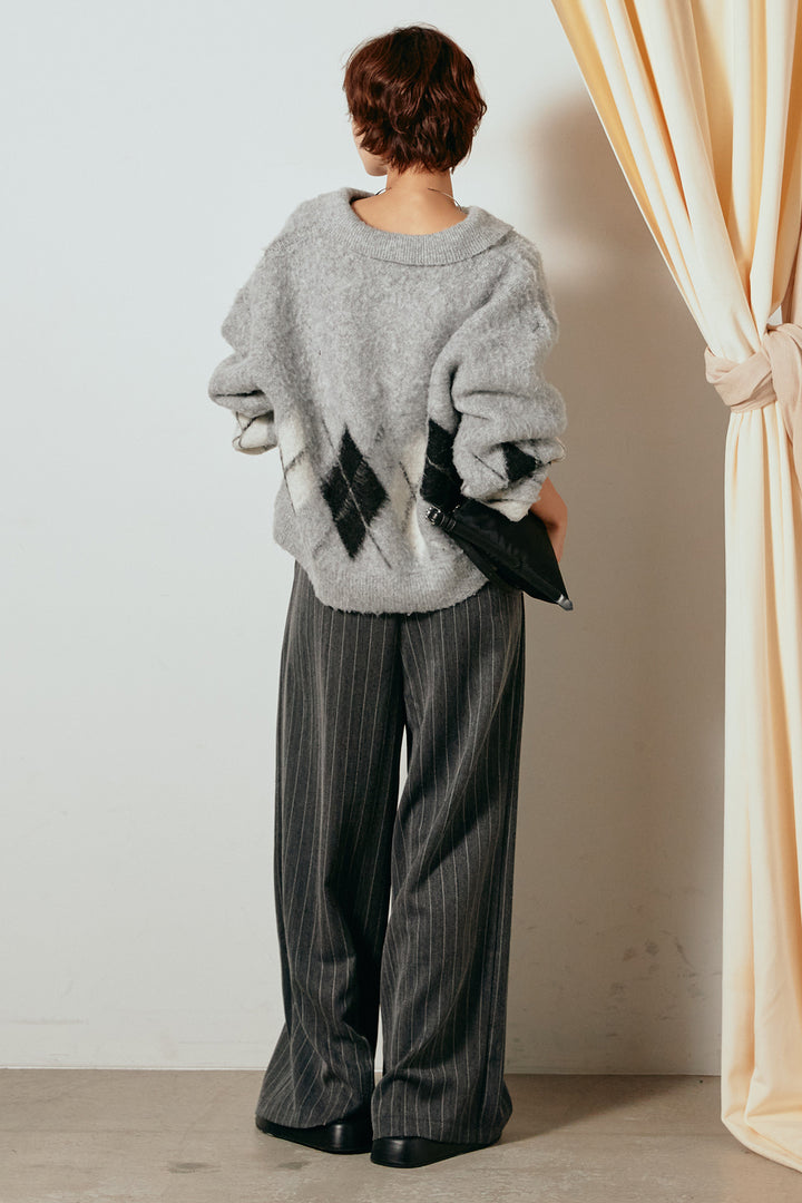 [SET]アーガイル柄ポロニットトップス+ストライプヘリンボーンパンツ(2set)