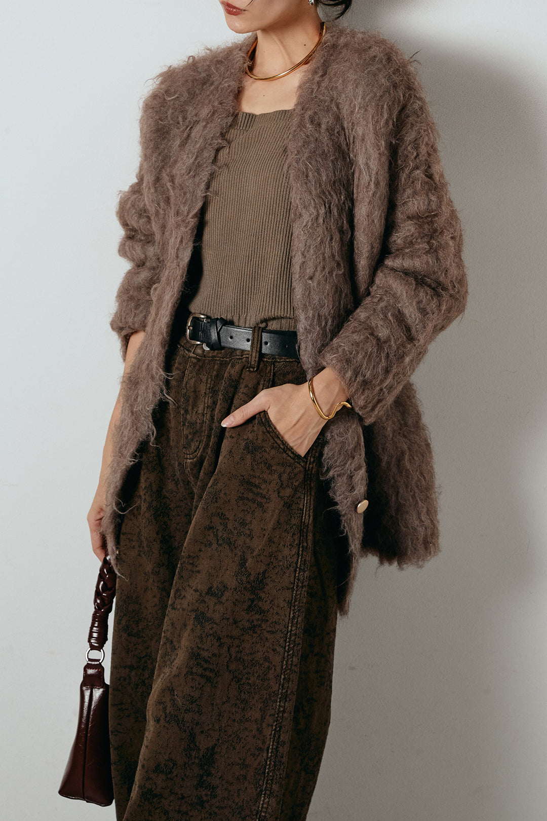 [SET]ウェーブシャギーニットジャケット+ベルト付きニュアンス柄カーブワイドパンツ(2set)