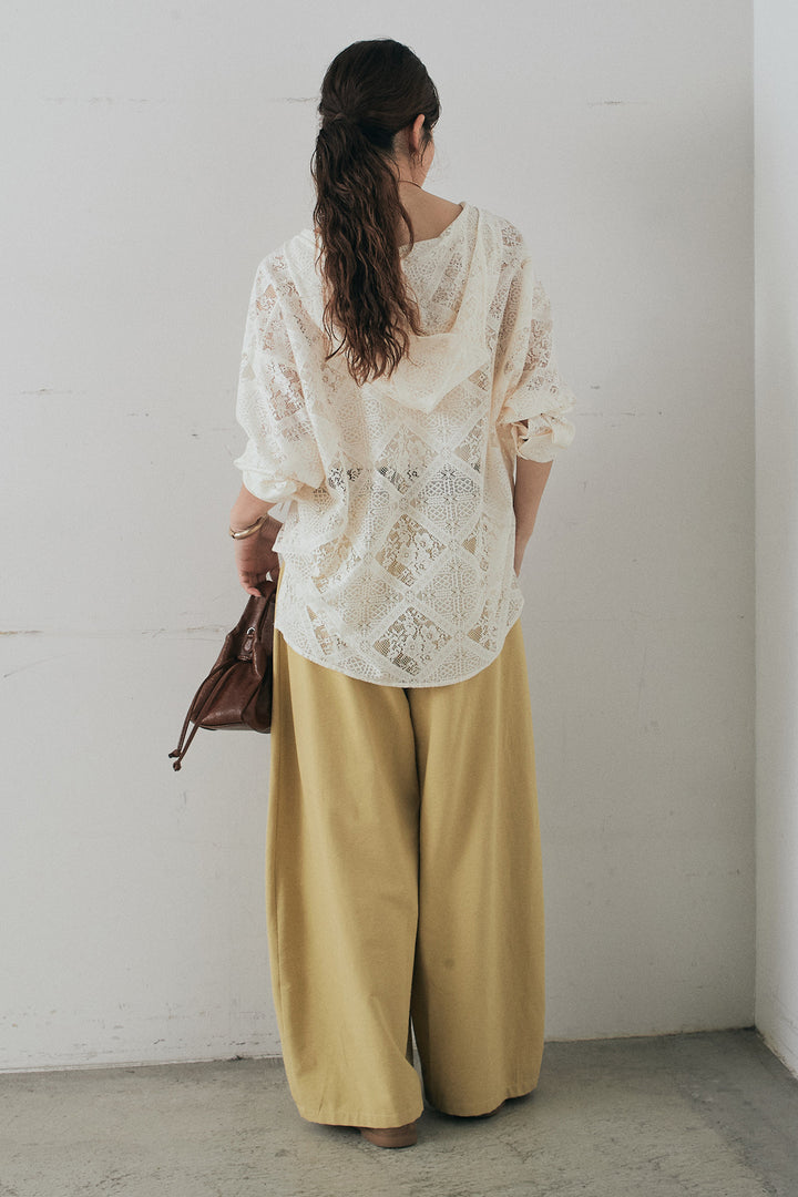 [SET]ブロックレースフード付きブラウス+ベルト付きサイドタックワイドパンツ(2set)