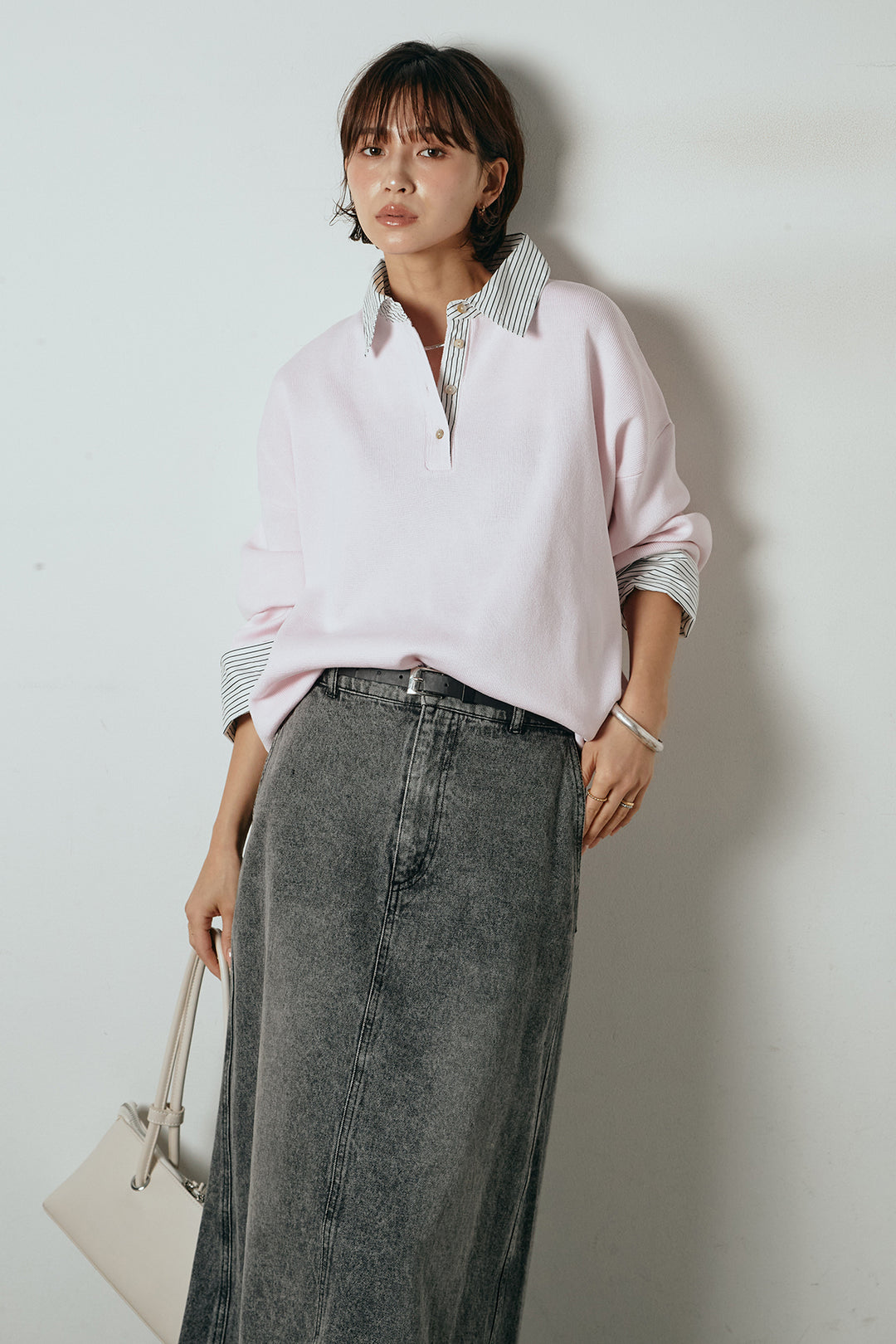 [SET]ストライプシャツドッキングポロトップス+デニムロングフレアスカート(2set)