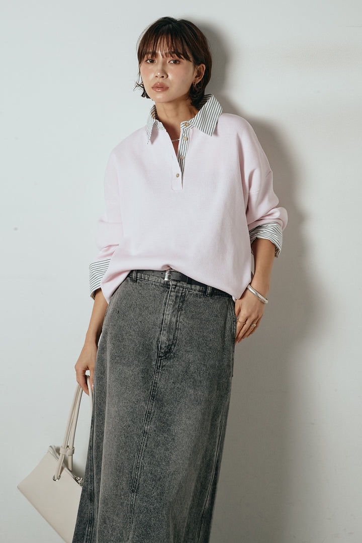 [SET]ストライプシャツドッキングポロトップス+デニムロングフレアスカート(2set)