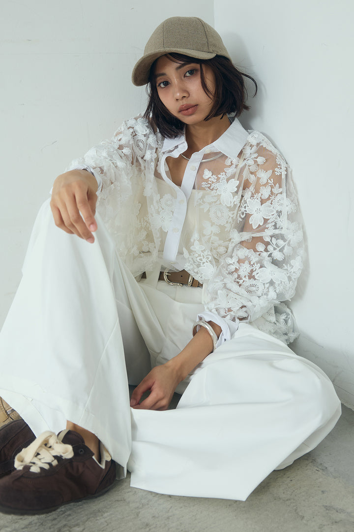 [SET]立体フラワー刺繍レースシャツ+ベルトループデザインハイウエストタックパンツ(2set)