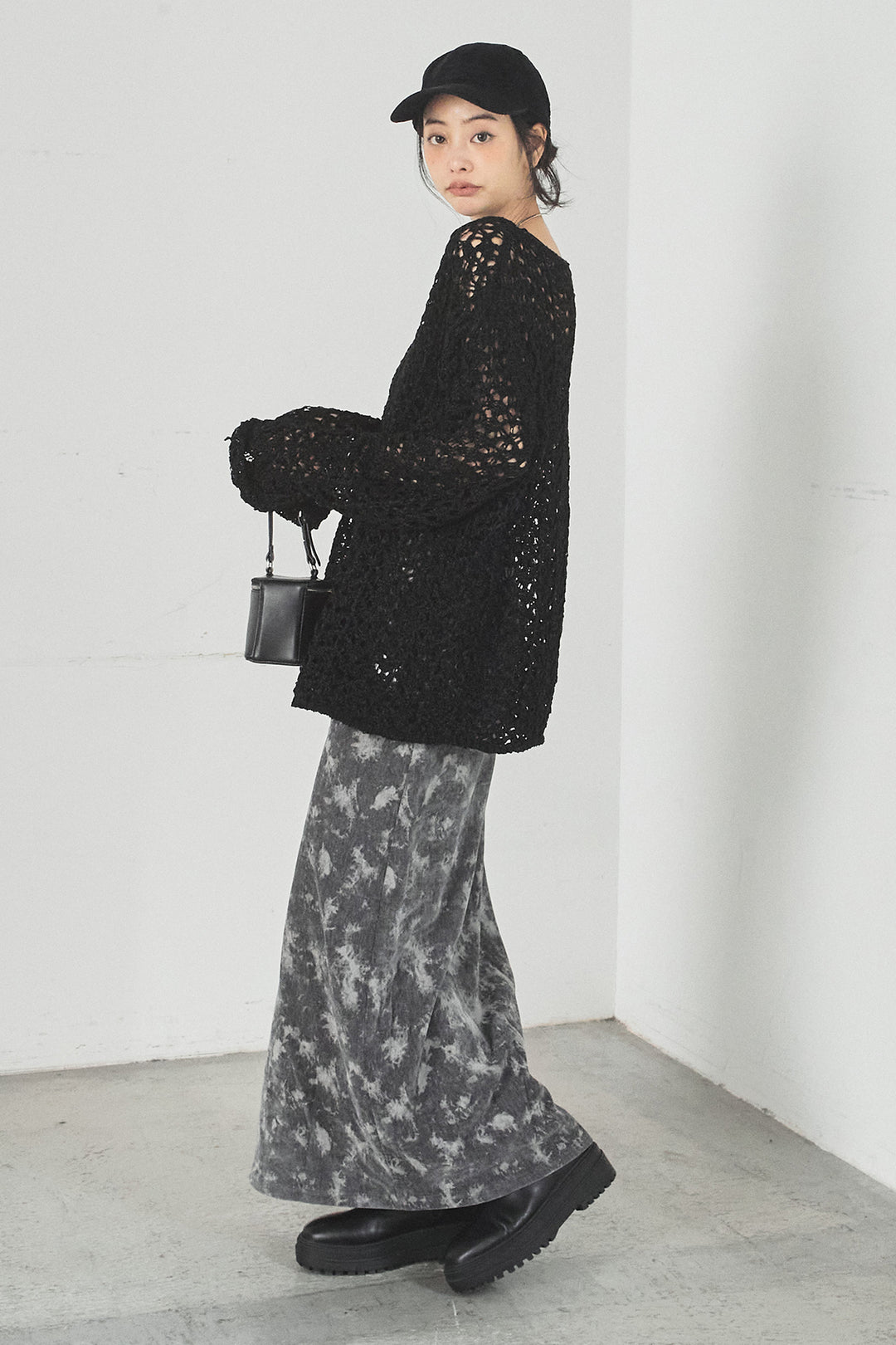 [SET]リラックスメッシュニットトップス+タイダイ柄ベロアワイドスカート(2set)