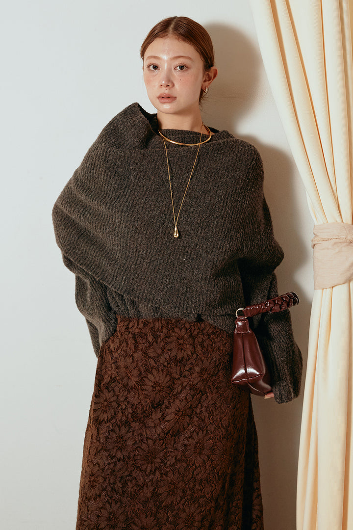 [SET]ケープデザインリブニットトップス+花柄刺繍ベロアフレアスカート(2set)