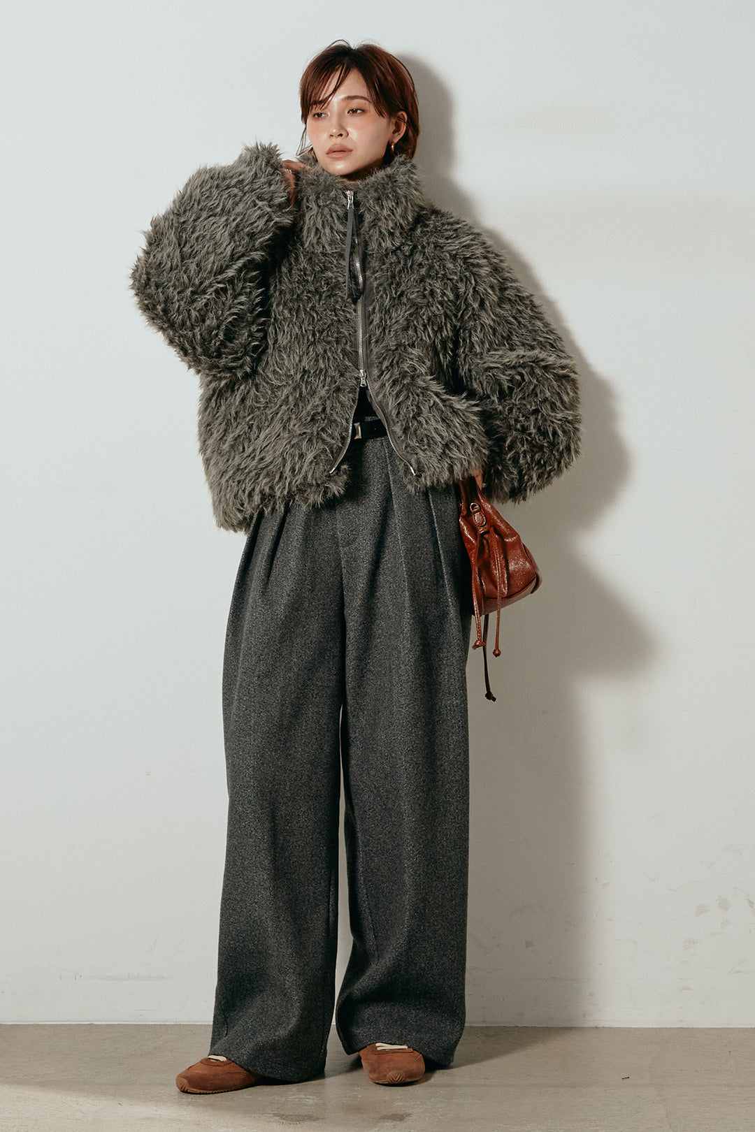 [SET]ミックスシープファースタンドブルゾン+フェイクウールタックトラウザーズパンツ(2set)