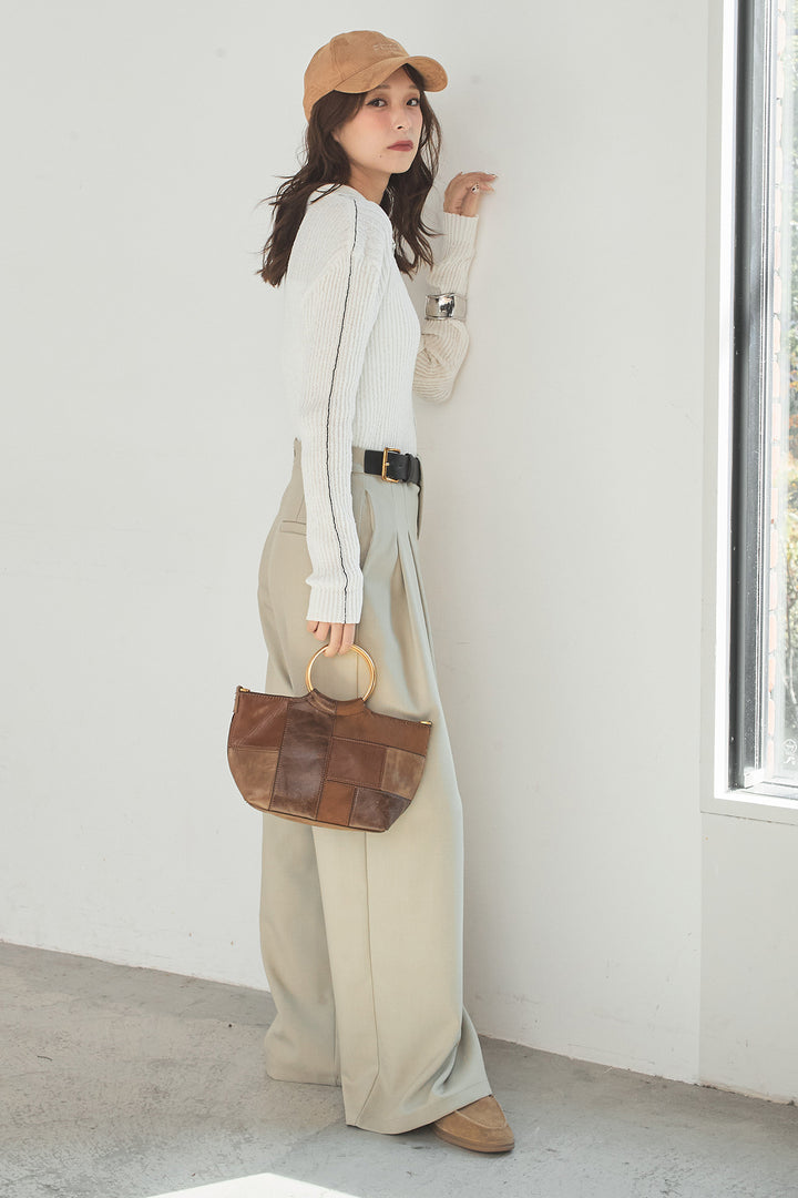 [SET]衿付きニットプルオーバー+サイドベルトタック入りスラックス(2set)