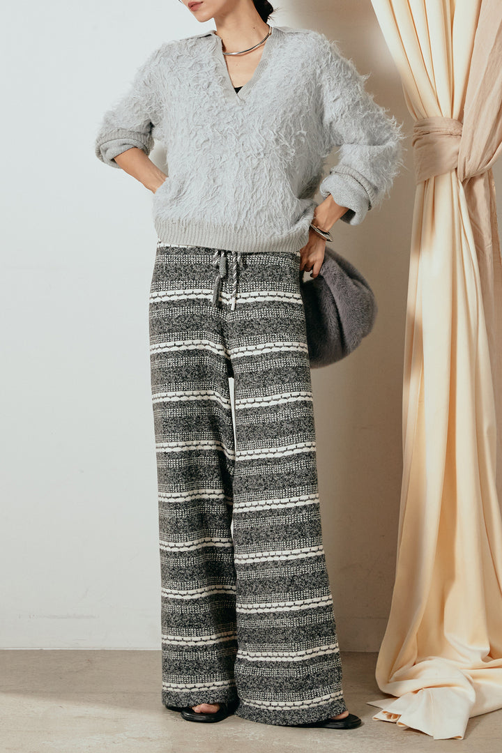 [SET]襟付きシャギーニットポロトップス+マルチライン柄リラックスニットパンツ(2set)