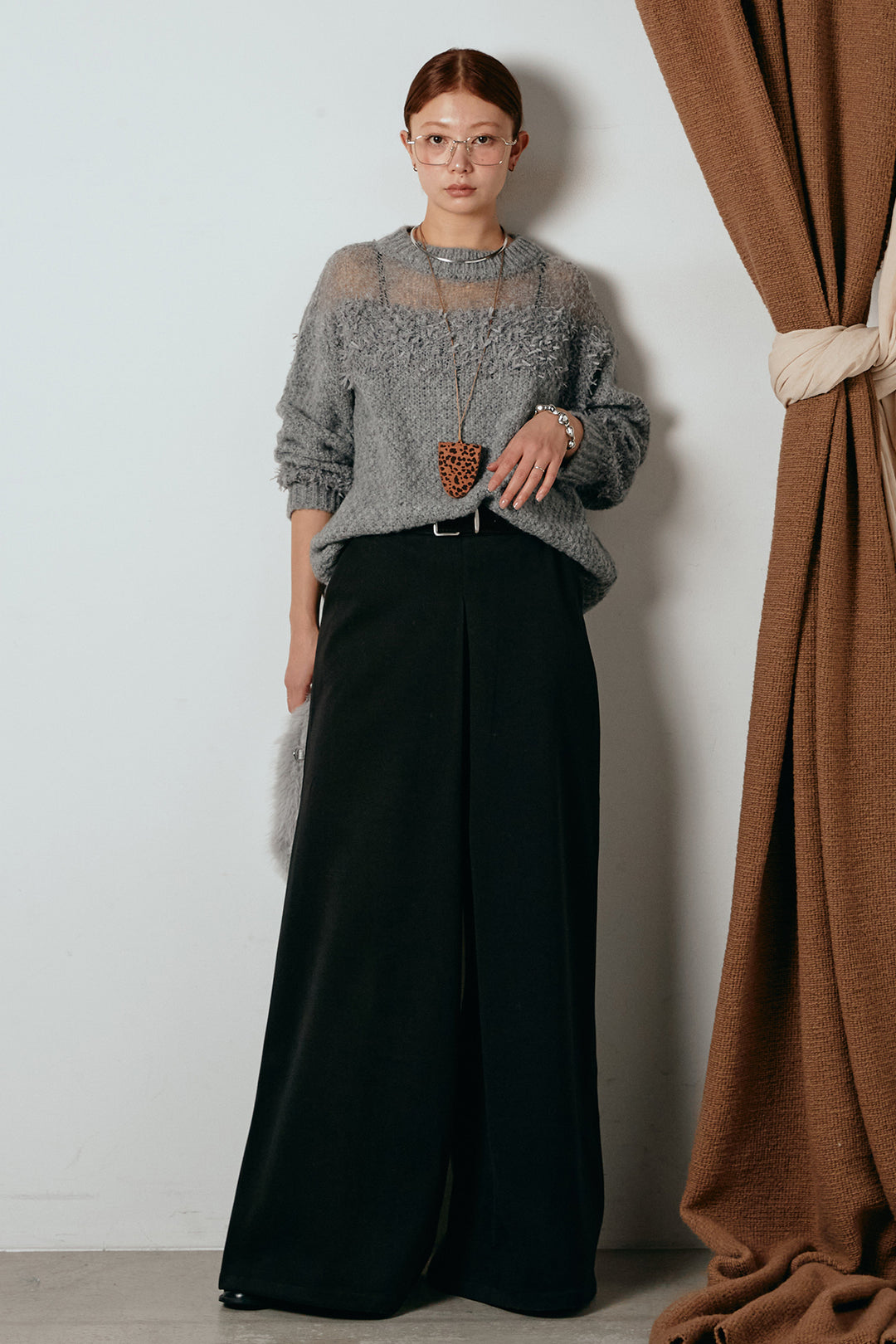 [SET]パターンランダム編みニットトップス+ベルト付きフロントタックデザインパンツ(2set)