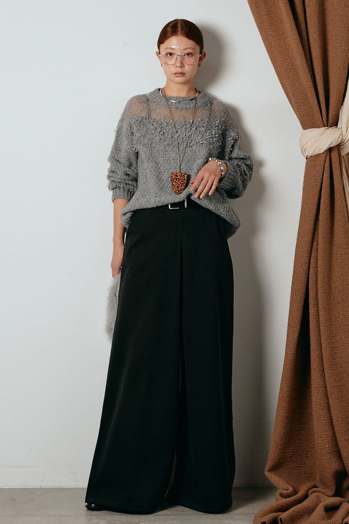 [SET]パターンランダム編みニットトップス+ベルト付きフロントタックデザインパンツ(2set)