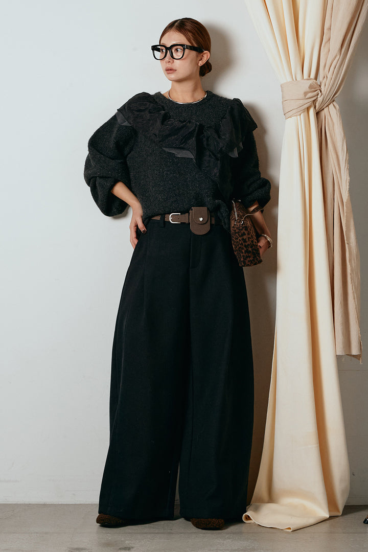 [SET]アシンメトリーフリルニットトップス+ポーチベルト付きカーブパンツ(2set)