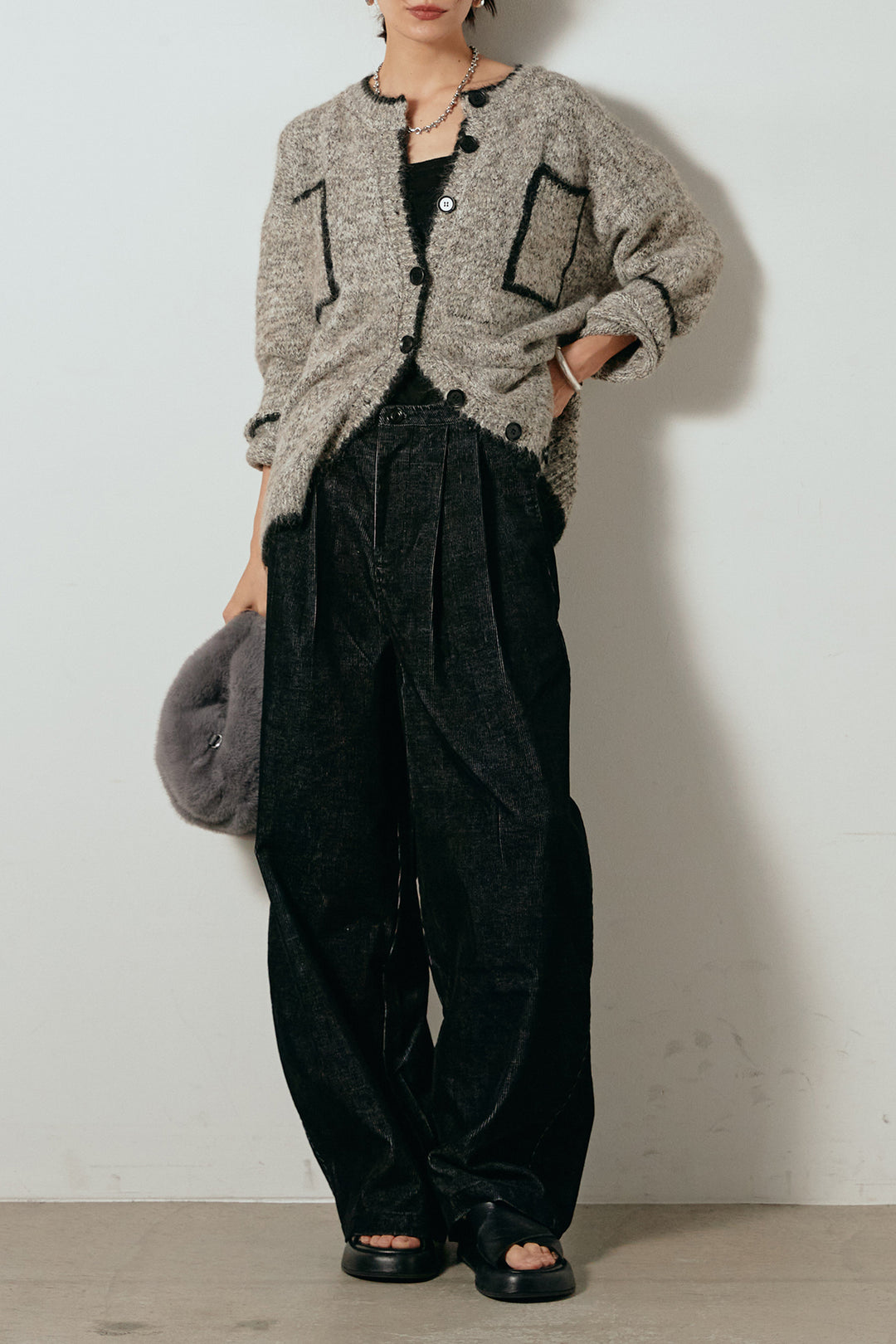 [SET]ミックスニットポケットカーディガン+フロントタック入りコーデュロイパンツ(2set)