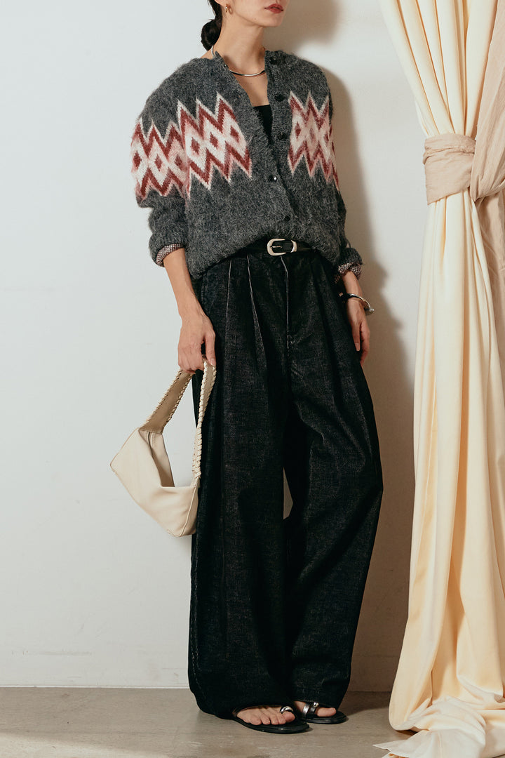 [SET]起毛ノルディック柄ニットカーディガン+フロントタック入りコーデュロイパンツ(2set)