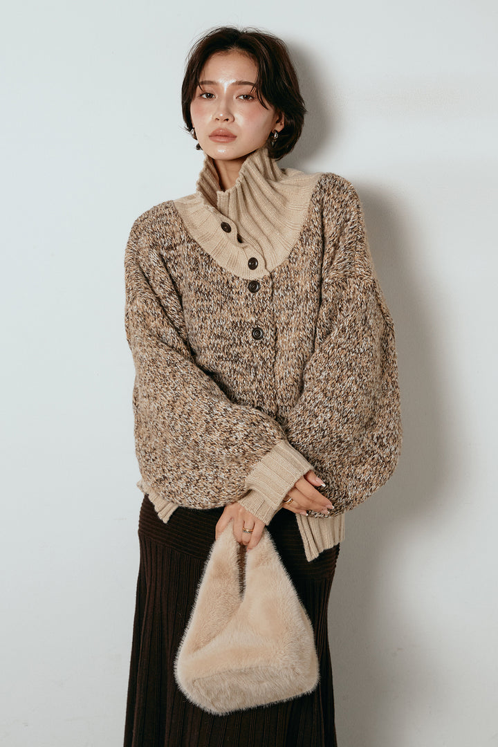 [SET]ハイネックミックスニットカーディガン+編み地切り替えフレアニットスカート(2set)