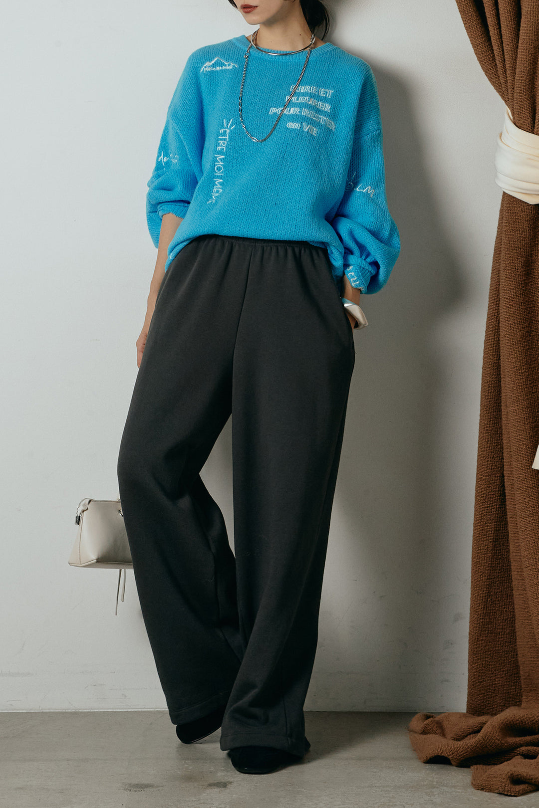 [SET]刺繍ロゴランダムデザインニットトップス+裏起毛スウェットワイドパンツ(2set)