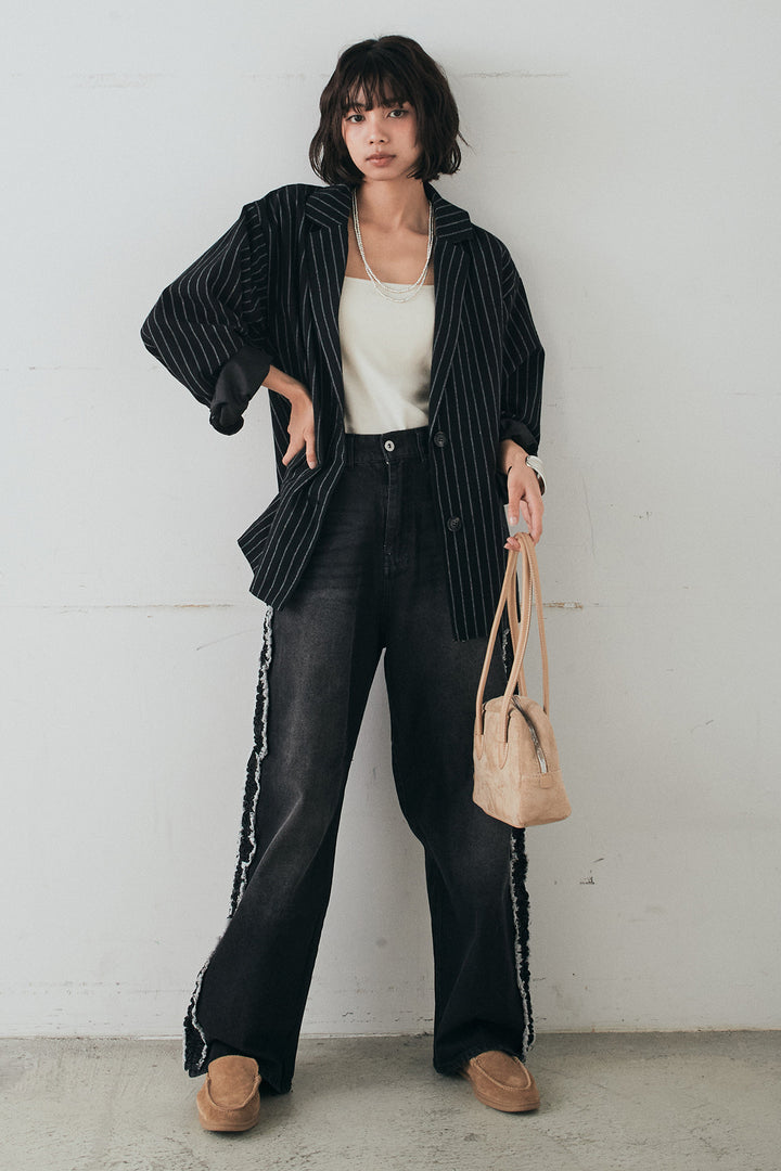 [SET]リネンライクストライプテーラードジャケット+デニムサイドフリルパンツ(2set)