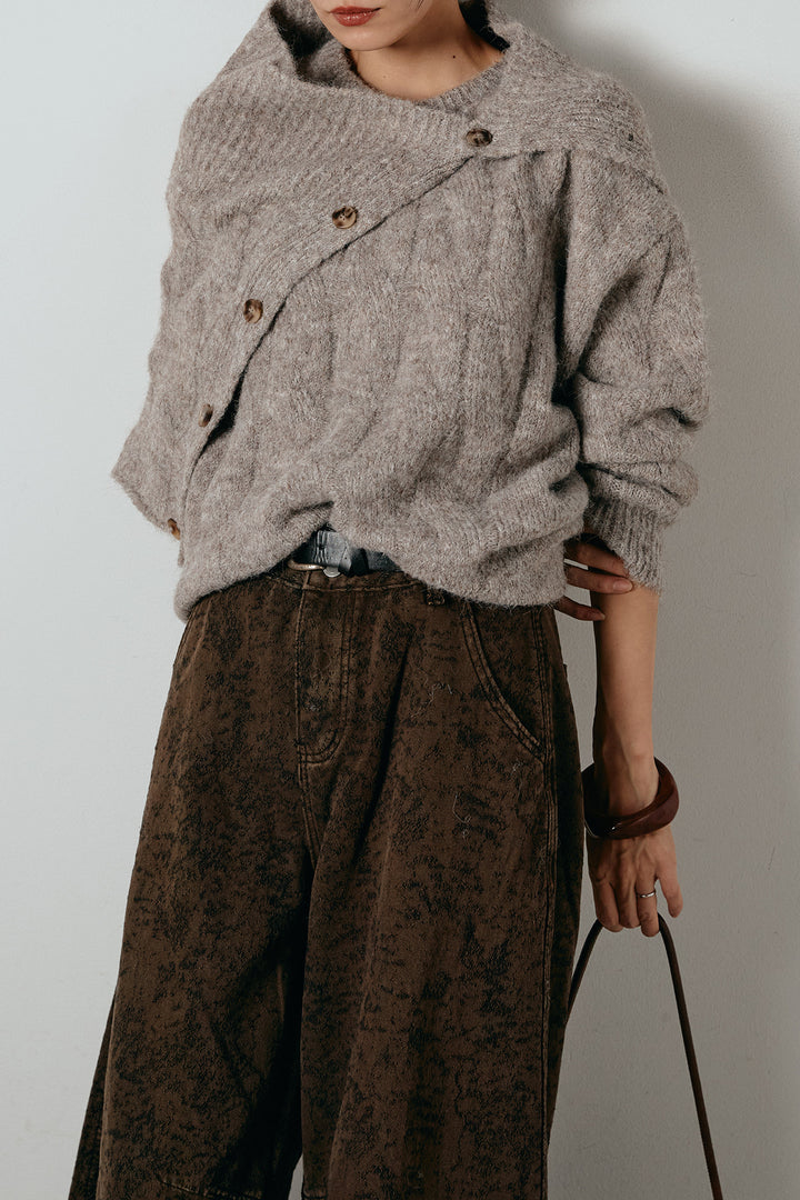 [SET]ケープデザインケーブルニットトップス+ベルト付きニュアンス柄カーブワイドパンツ(2set)