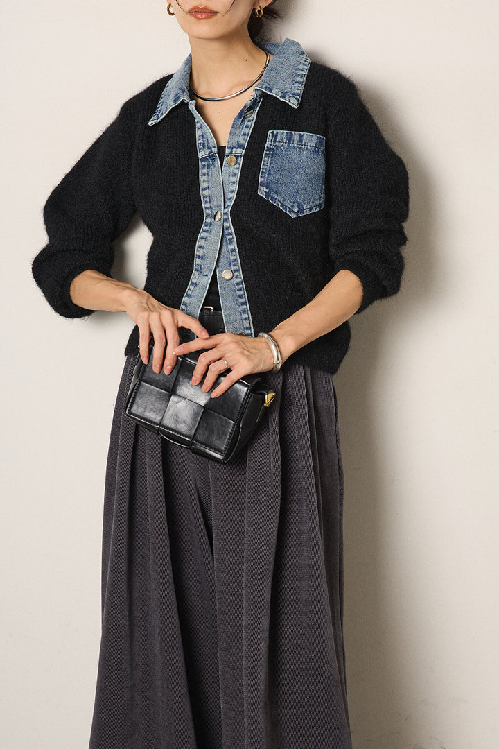 [SET]襟付きデニム切替ニットカーディガン+ベルトループコーデュロイワイドパンツ(2set)