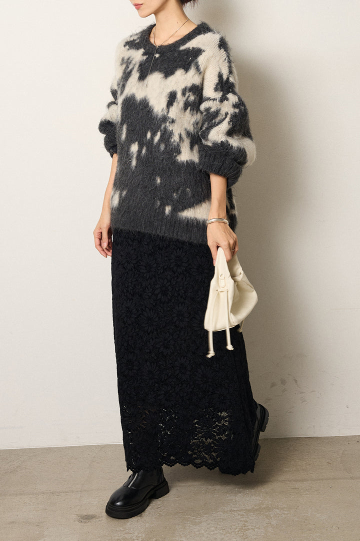 [SET]モヘアタッチマーブルニット+花柄刺繍ベロアフレアスカート(2set)