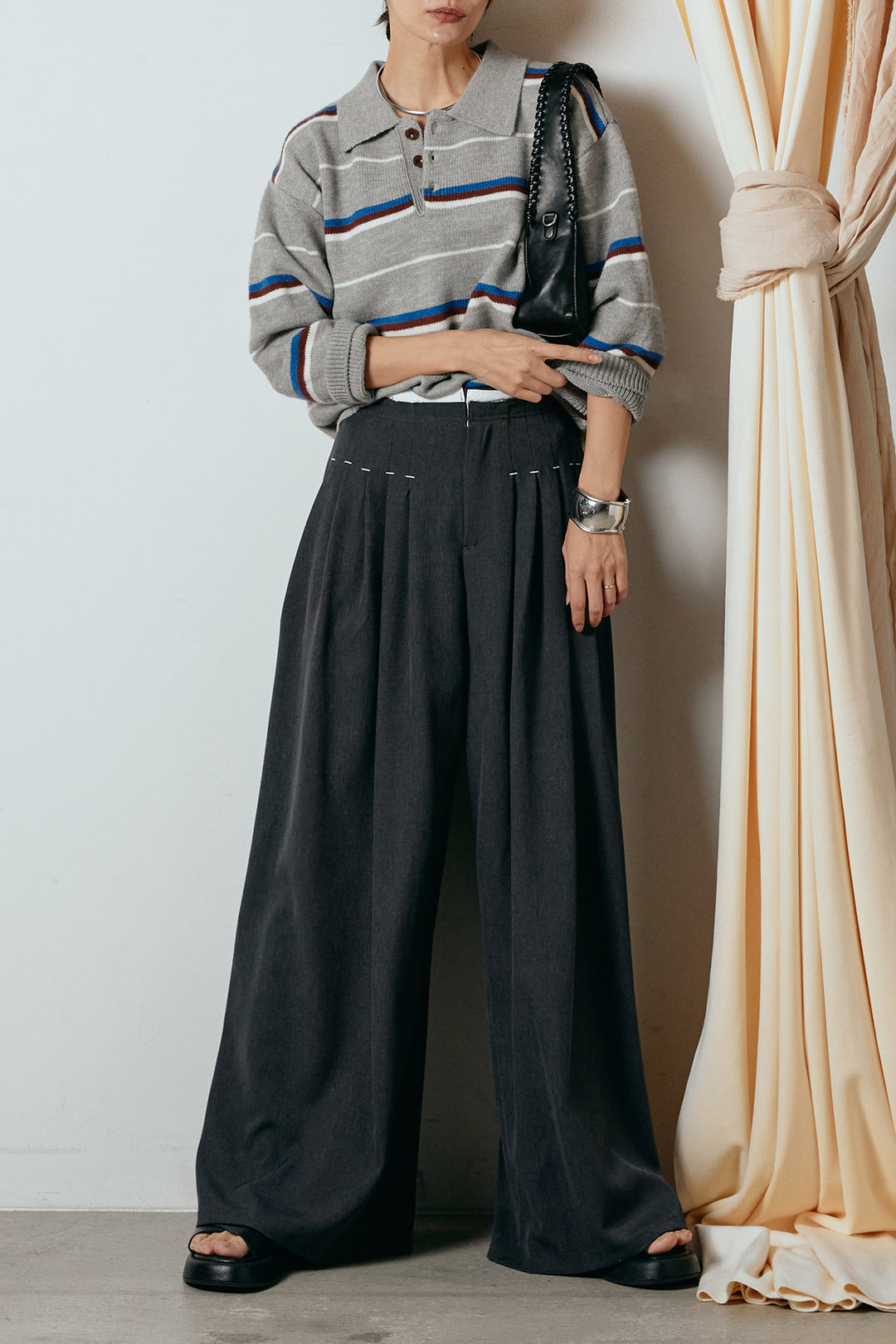 [SET]襟付きマルチボーダーニットポロトップス+ウエストステッチデザインワイドスラックス(2set)