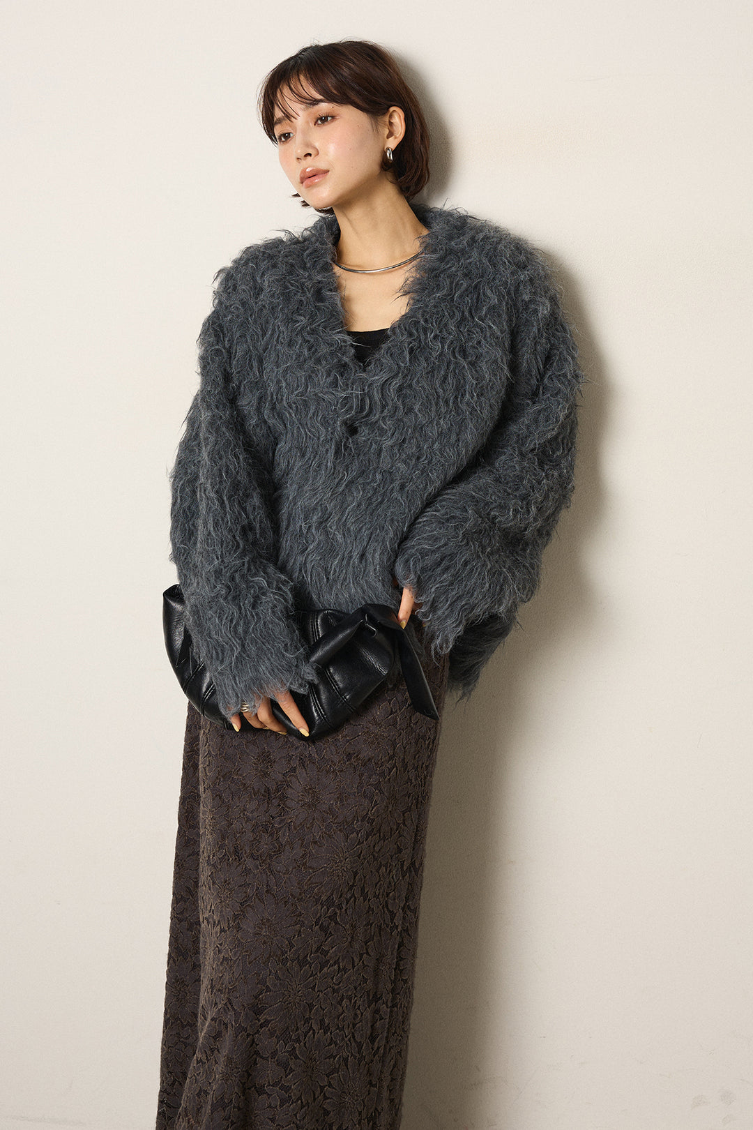 [SET]起毛シャギーニットカーディガン+花柄刺繍ベロアフレアスカート(2set)