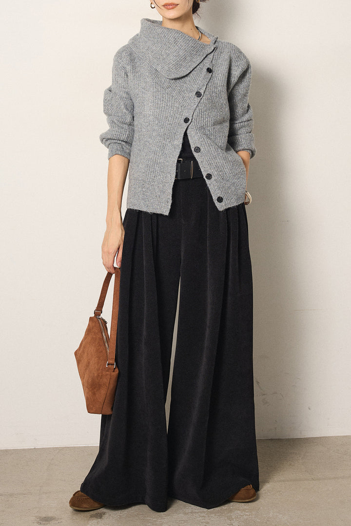 [SET]ボタンデザインネックニットプルオーバー+ベルトループコーデュロイワイドパンツ(2set)