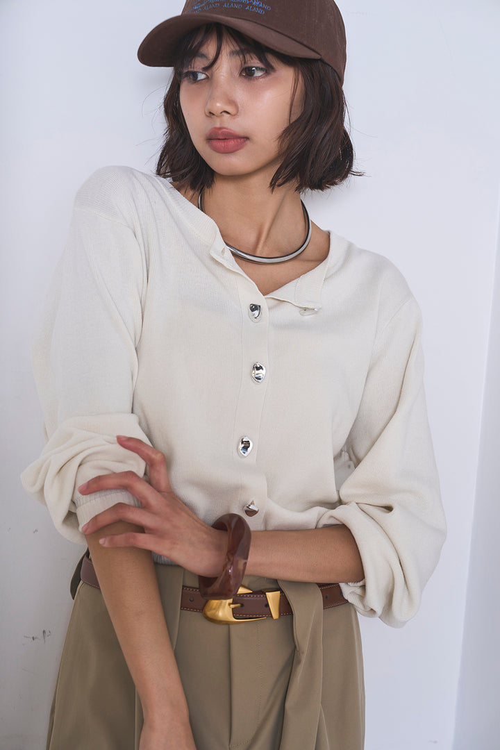 [SET]リサイクルポリニュアンス釦カーデ+ベルトループデザインハイウエストタックパンツ(2set)