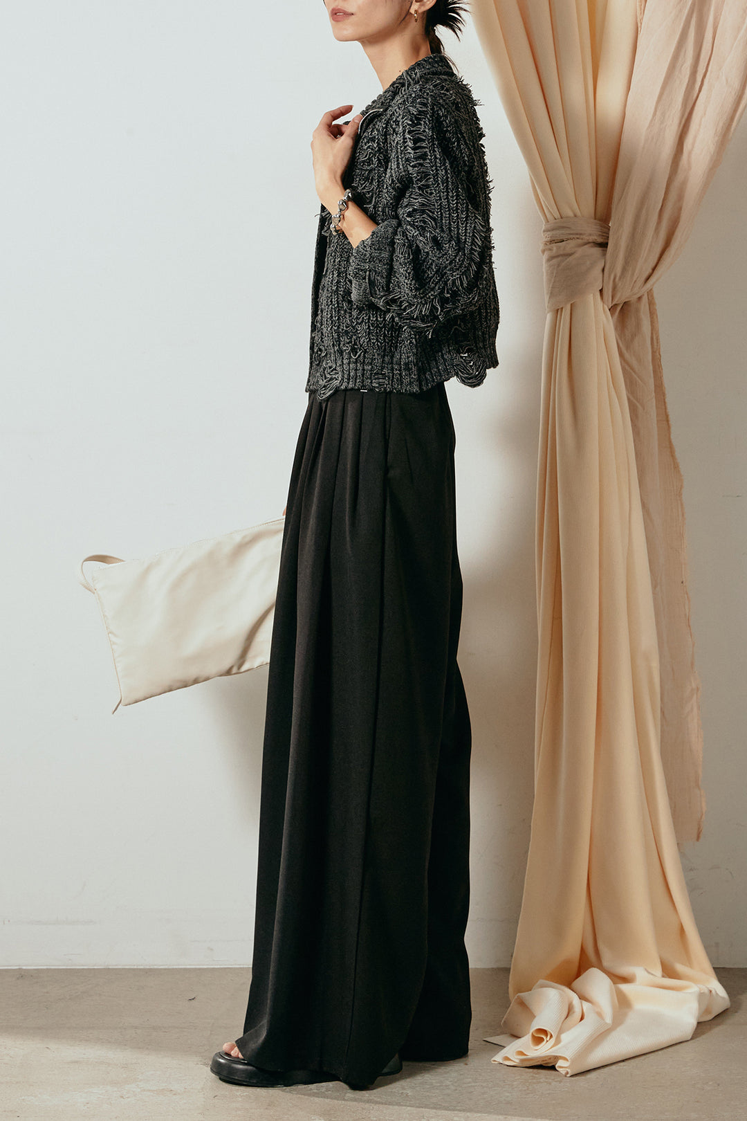 [SET]ハイネックフリンジジップニットトップス+ウエストステッチデザインワイドスラックス(2set)