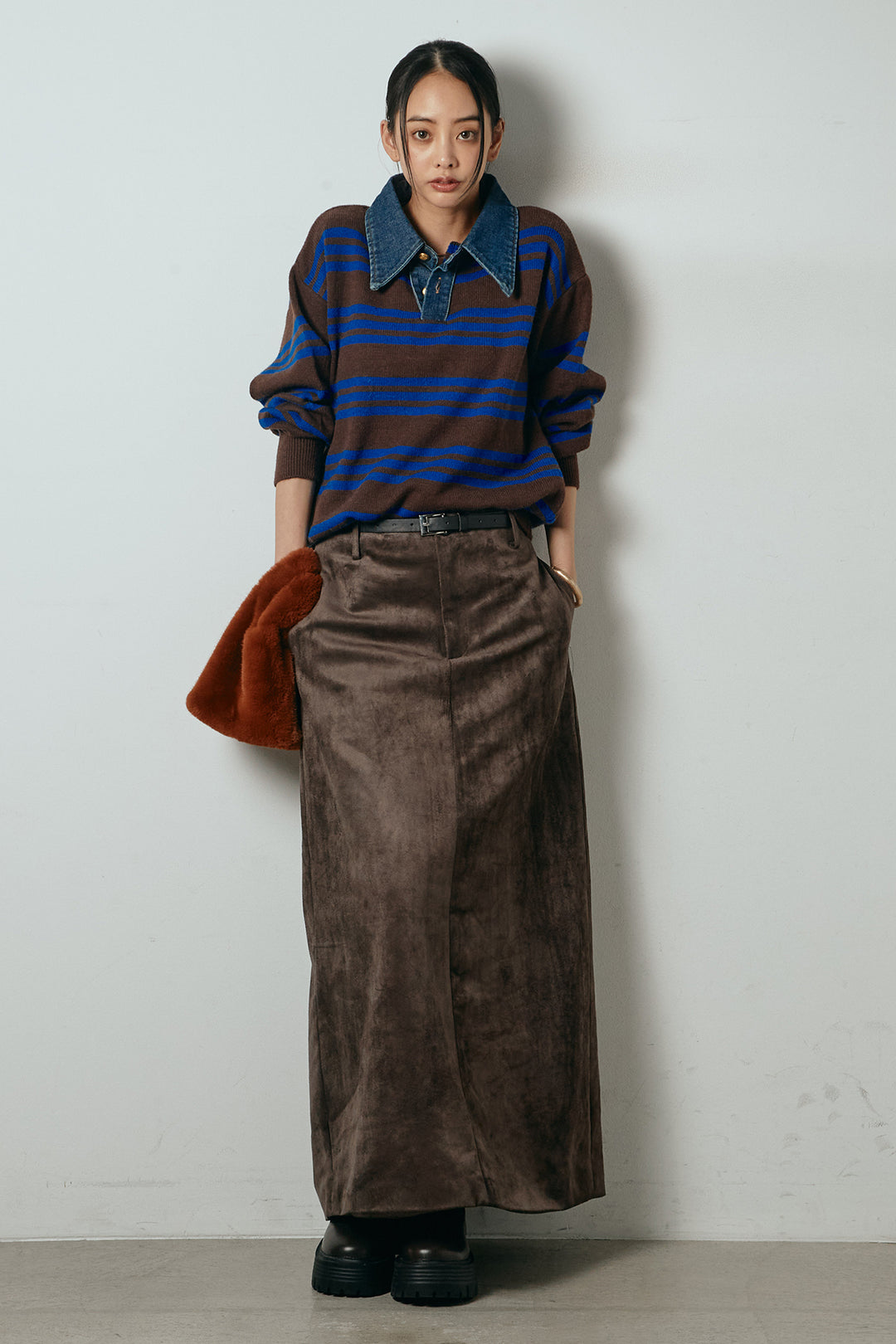 [SET]デニムレイヤード風ランダムボーダーニットプルオーバー+エコスウェードワイドスカート(2set)