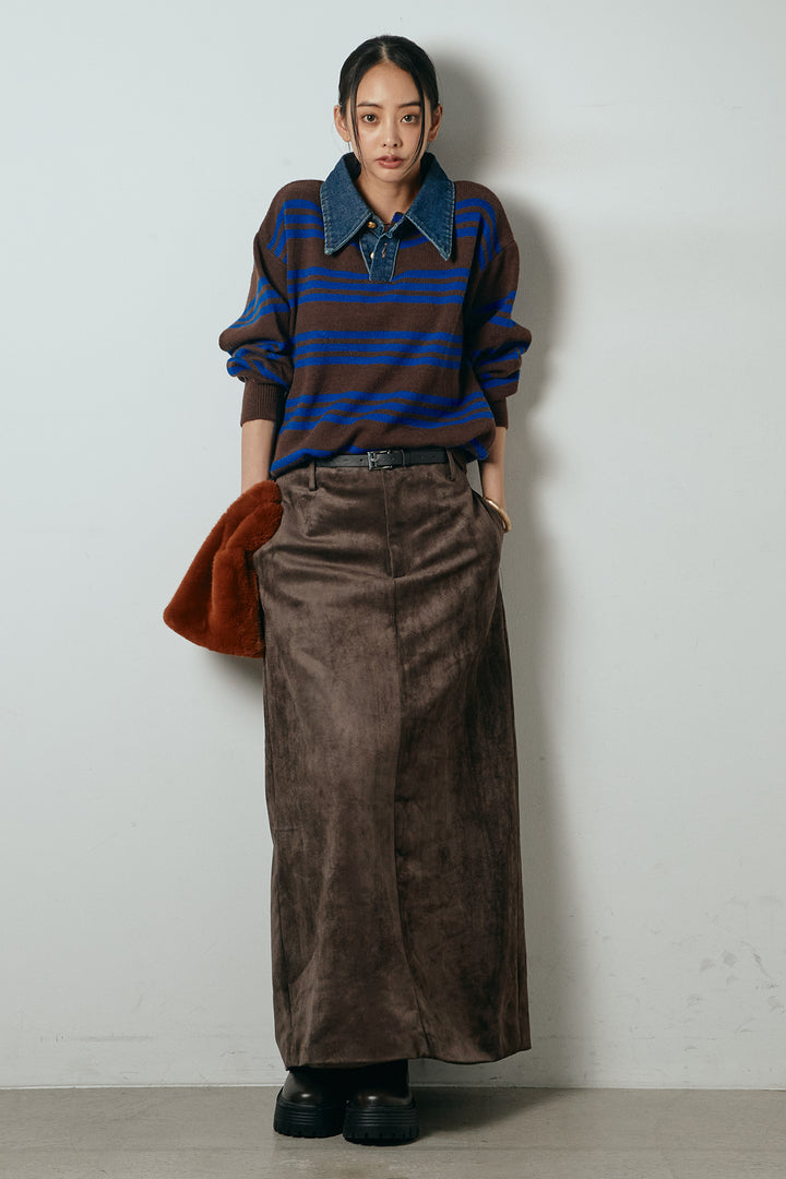 [SET]デニムレイヤード風ランダムボーダーニットプルオーバー+エコスウェードワイドスカート(2set)