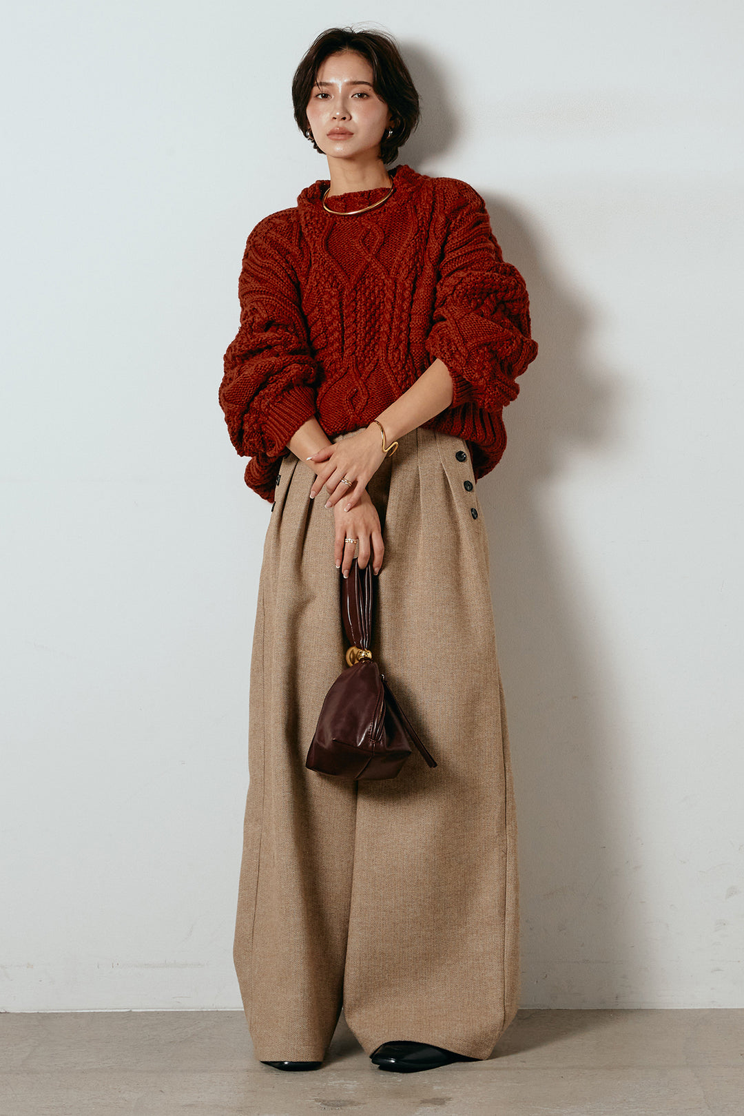 [SET]アラン柄ミックスケーブルニット+サイドボタンツイードタックパンツ(2set)